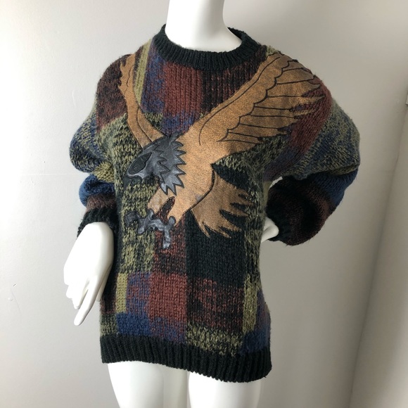 Vintage Sweaters - Vintage Knit Sweater Leather Patch Eagle